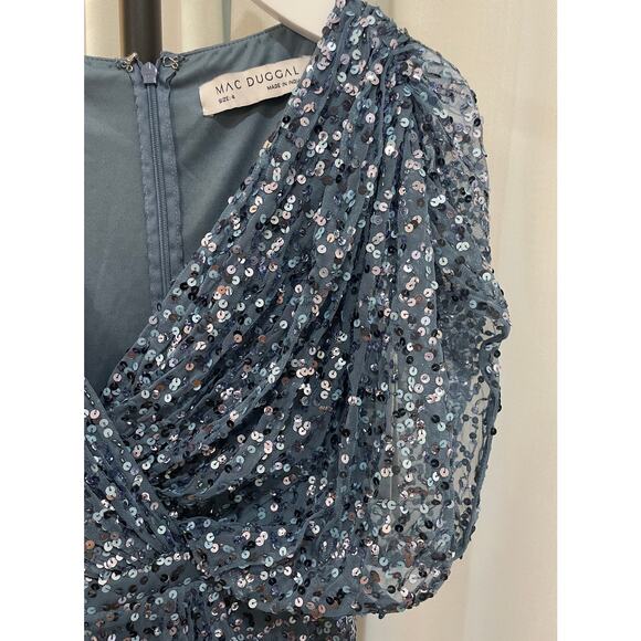 Mac Duggal Blue Draped Sleeve V-Neck Gown Slate Blue 5640 Size 4 NWT Sequins - Picture 6 of 16